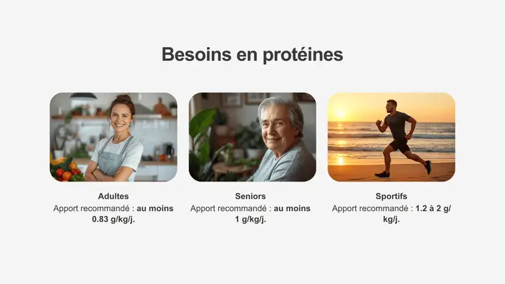 Combien de protéines consommer par jour ? Adultes : 0.83g/kg/j, Seniors : 1g/kg/j, Sportifs : 1.2 à 2g/kg/j