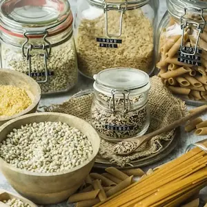 Pots de féculents complets : blé, riz, pâtes, avoine